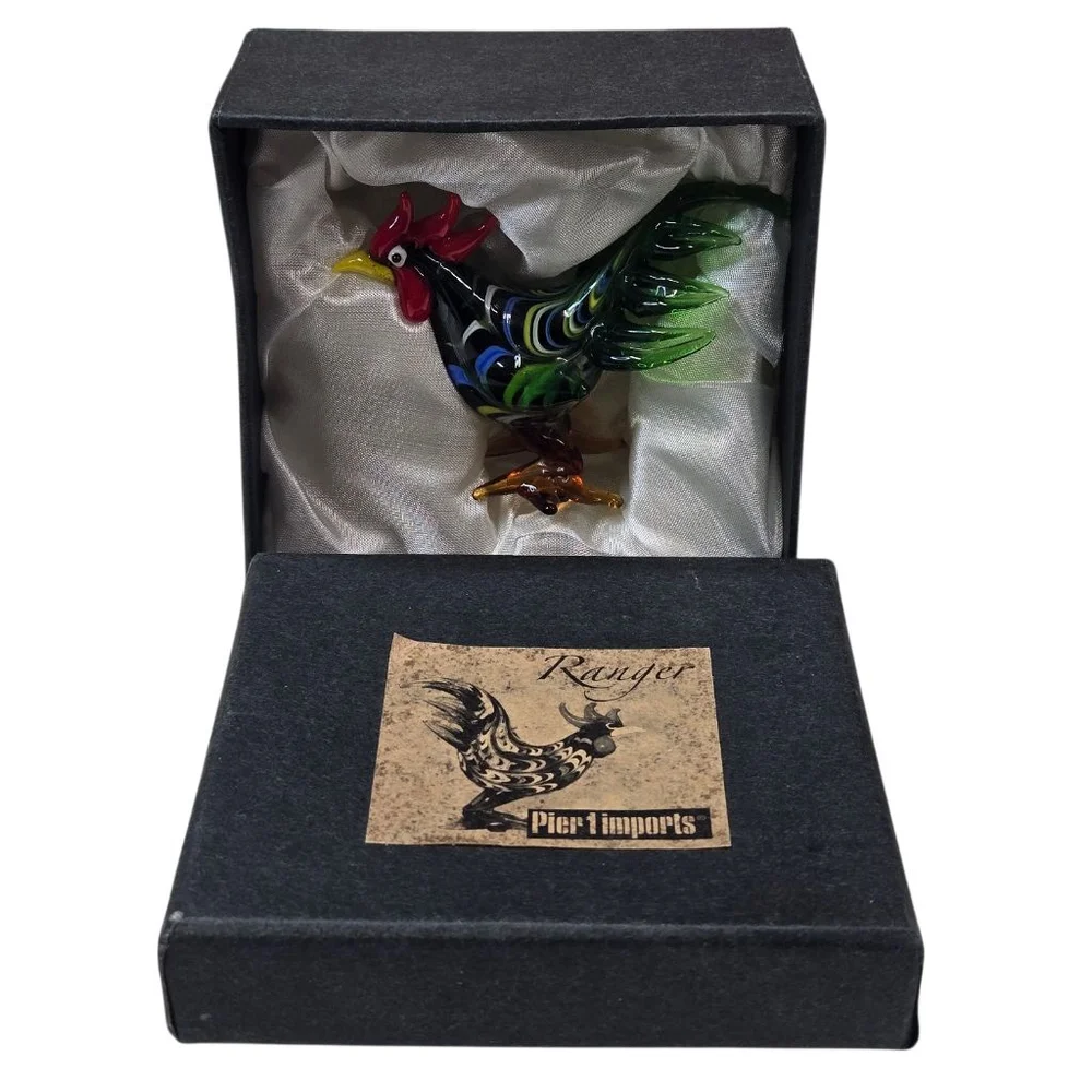 Pier 1 Imports Ranger the Rooster Glass Figurine Farm Bird Green Red with Box
